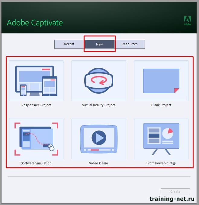 Adobe Captivate - тип проекта